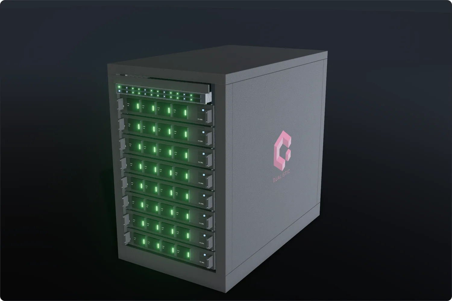 A server cabinet from the DCIMate digital twin: eight compute nodes racked below a top-of-rack switch.